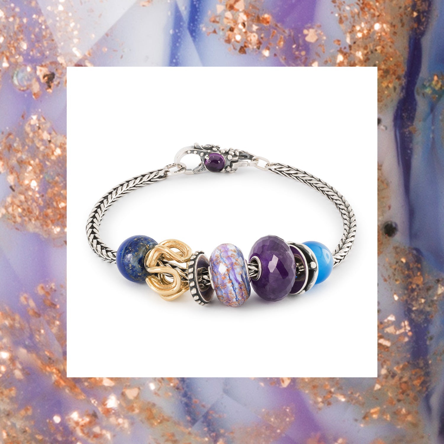 Trollbeads foxtail bracelet with violet and blue hues in gemstone, glass with gold and silver beads 