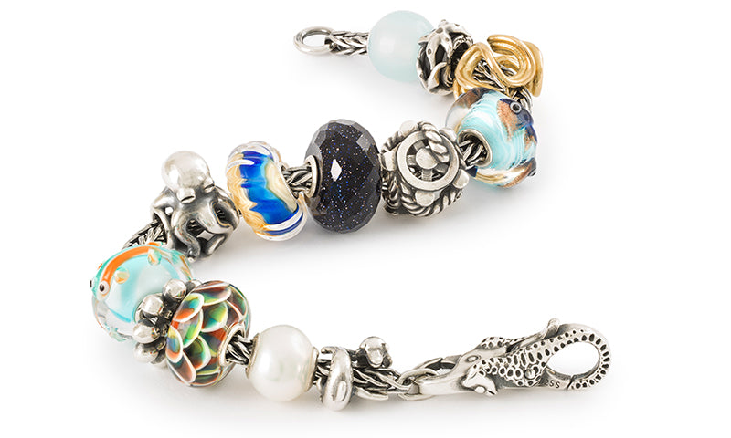 Trollbeads foxtail bracelet with glass and silver beads from the essence of life jewellery collection